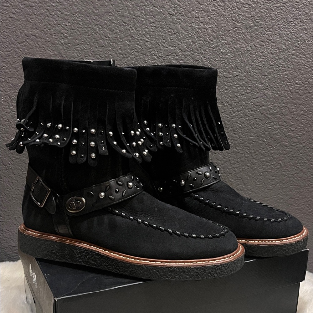 Coach leather Black Fringe Studded moccasin Boots